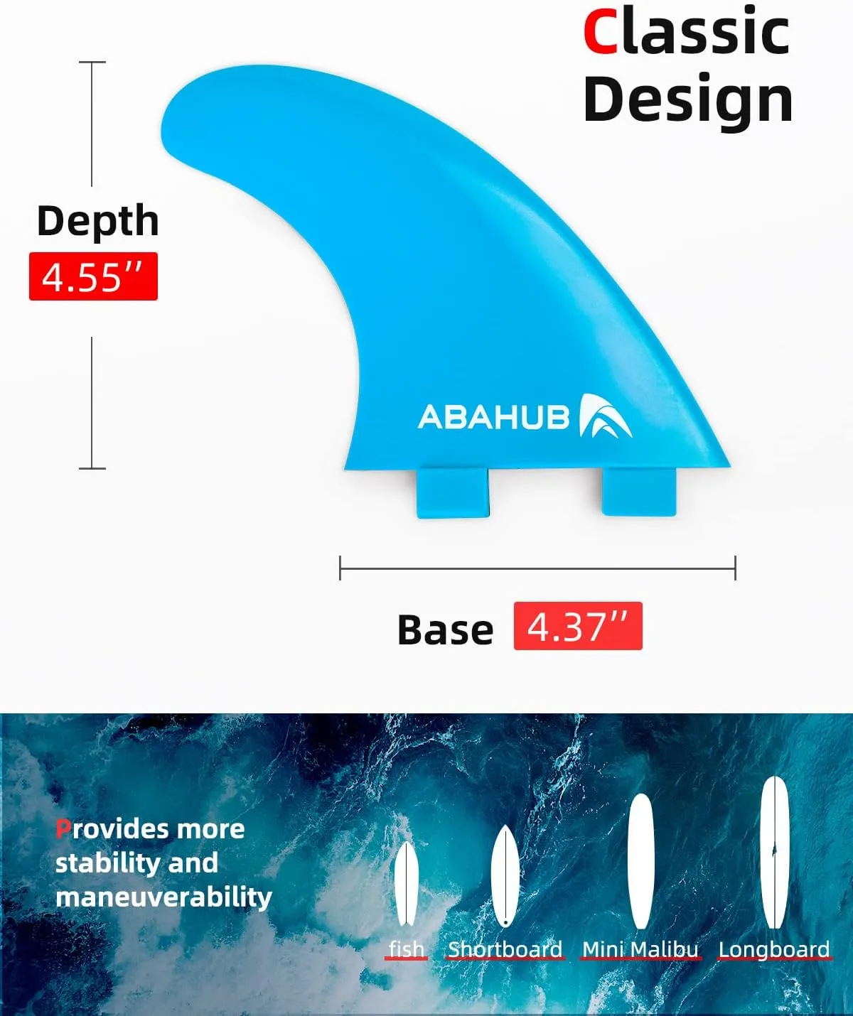 Abahub Surfboard Thruster Fins Set, Compatible with FCS Style Fin Box, Fiberglass Reinforced G5 Surf Fin, 3 Fins for Surf Boards, Surfing Longboard, Shortboard, with Screws and Key, Black/Blue/White