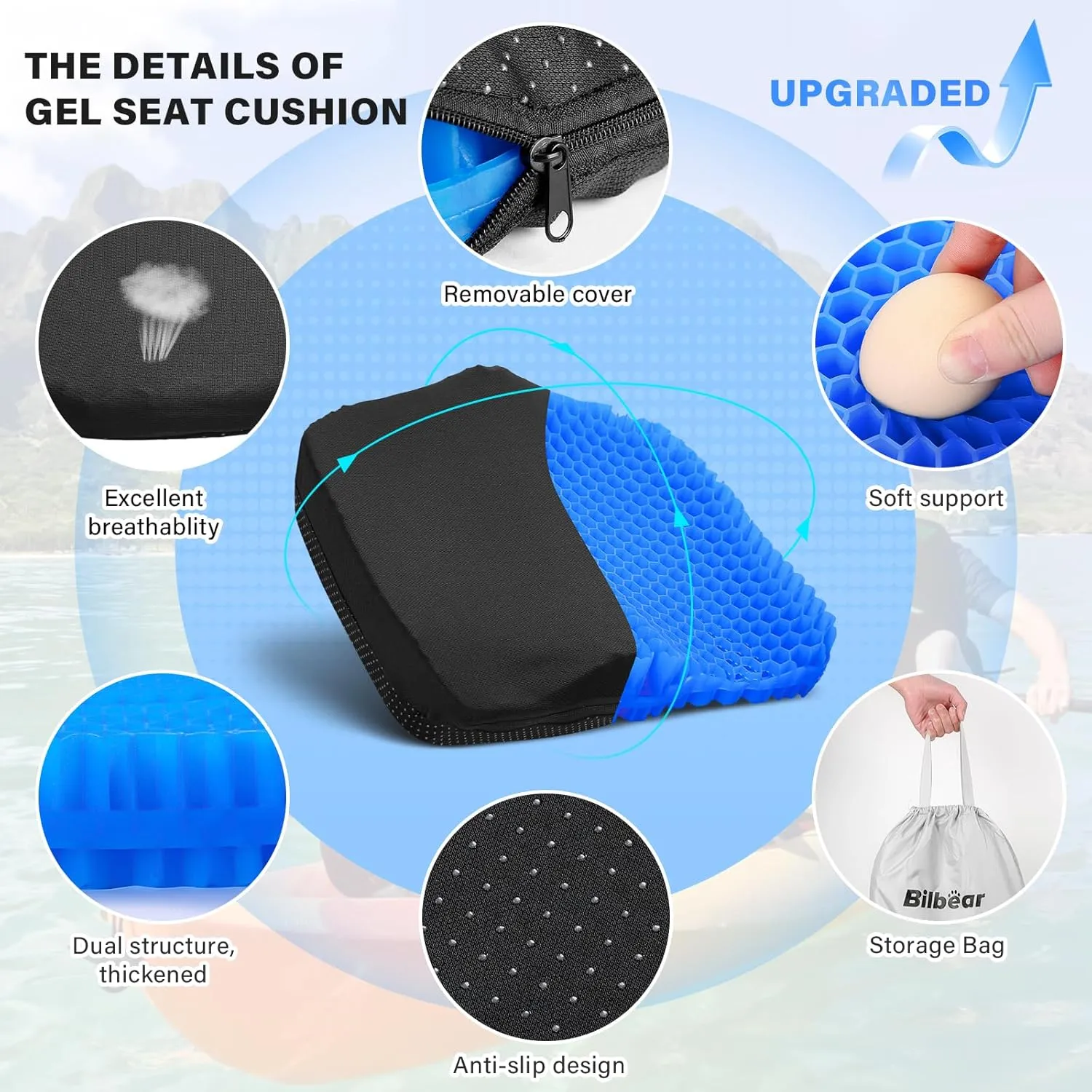 Bilbear Thicker Gel Kayak Seat Cushion,Large Seat Cushions for Kayaks,Paddle Board,Canoe and Boating,HIPS Relief Seat Cushion Pad for Kayak Accessories
