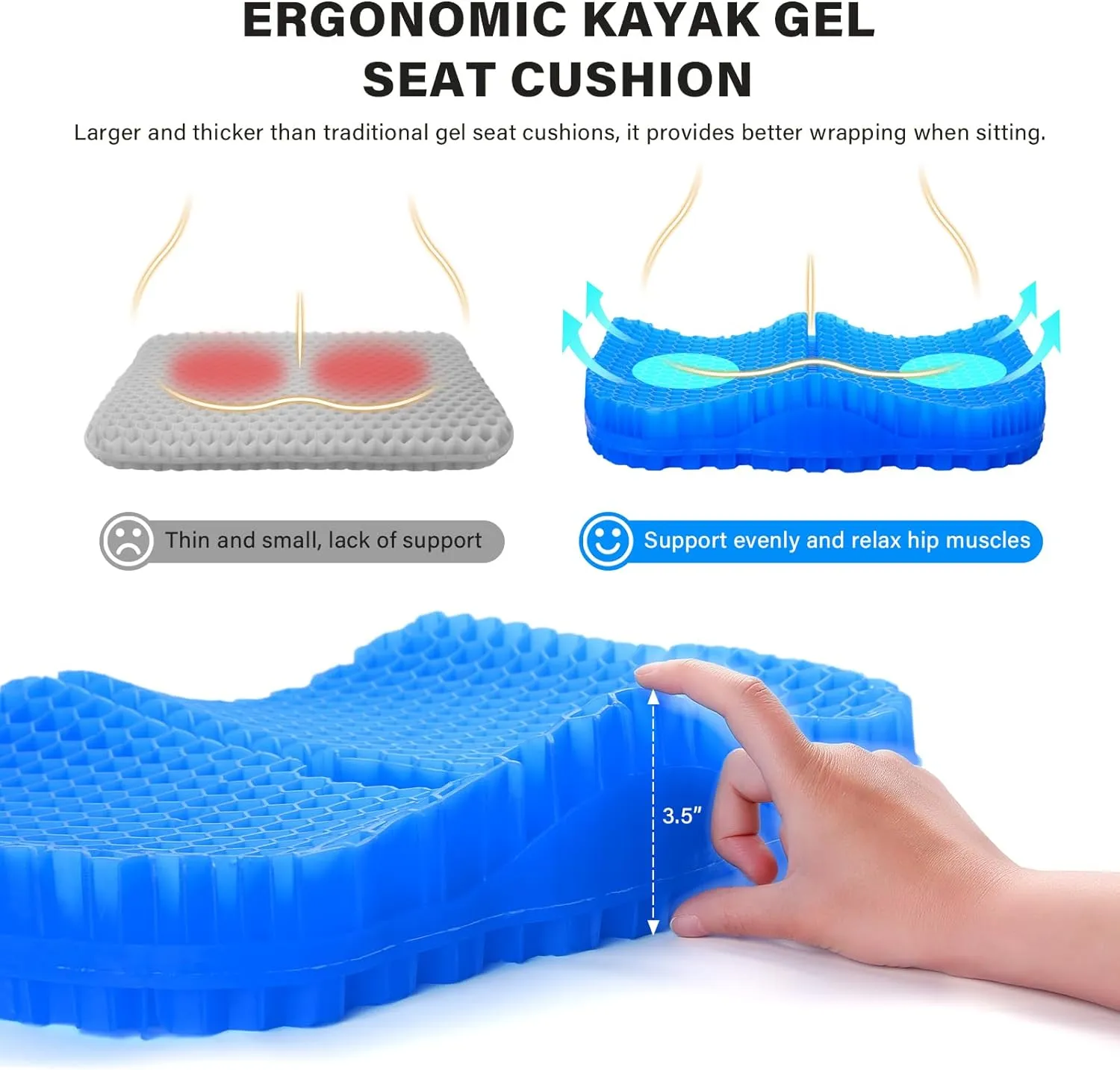 Bilbear Thicker Gel Kayak Seat Cushion,Large Seat Cushions for Kayaks,Paddle Board,Canoe and Boating,HIPS Relief Seat Cushion Pad for Kayak Accessories