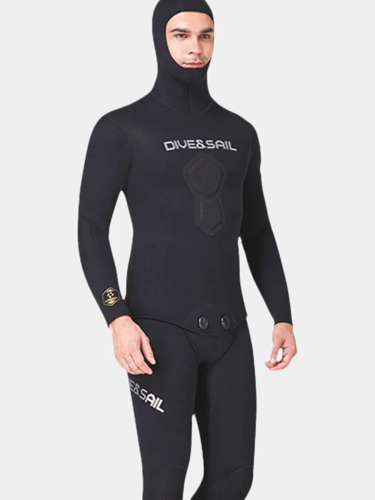 DIVE & SAIL Men’s 1.5MM Two Piece Beavertail Wetsuit with Hood, Black