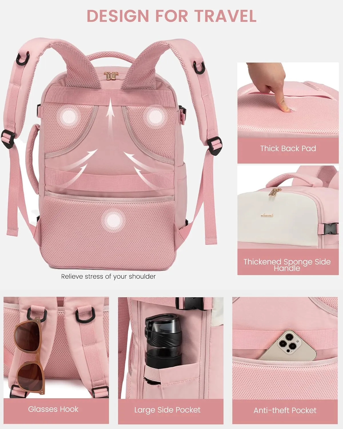 LOVEVOOK Travel Backpack for Women, Carry On Backpack Flight Approved with 3 Packing Cubes,TSA Personal Item Travel Bag Fits 15.6 Laptop,Weekender Hiking Business Luggage Daypack Pink Beige