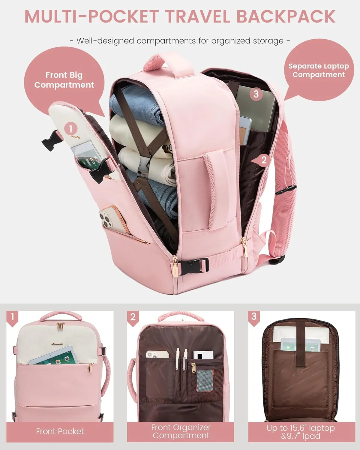 LOVEVOOK Travel Backpack for Women, Carry On Backpack Flight Approved with 3 Packing Cubes,TSA Personal Item Travel Bag Fits 15.6 Laptop,Weekender Hiking Business Luggage Daypack Pink Beige