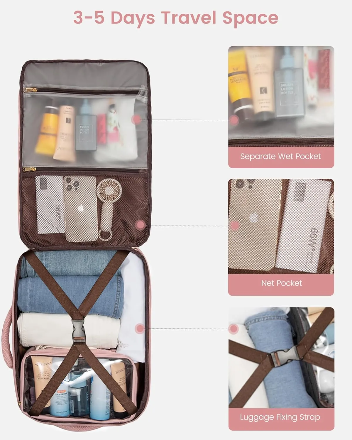 LOVEVOOK Travel Backpack for Women, Carry On Backpack Flight Approved with 3 Packing Cubes,TSA Personal Item Travel Bag Fits 15.6 Laptop,Weekender Hiking Business Luggage Daypack Pink Beige