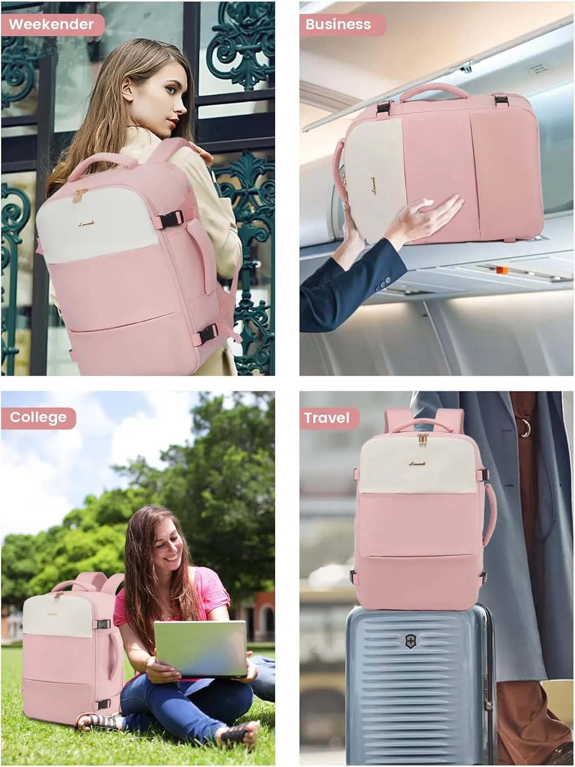 LOVEVOOK Travel Backpack for Women, Carry On Backpack Flight Approved with 3 Packing Cubes,TSA Personal Item Travel Bag Fits 15.6 Laptop,Weekender Hiking Business Luggage Daypack Pink Beige
