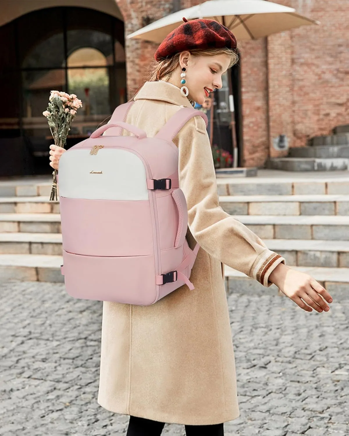 LOVEVOOK Travel Backpack for Women, Carry On Backpack Flight Approved with 3 Packing Cubes,TSA Personal Item Travel Bag Fits 15.6 Laptop,Weekender Hiking Business Luggage Daypack Pink Beige