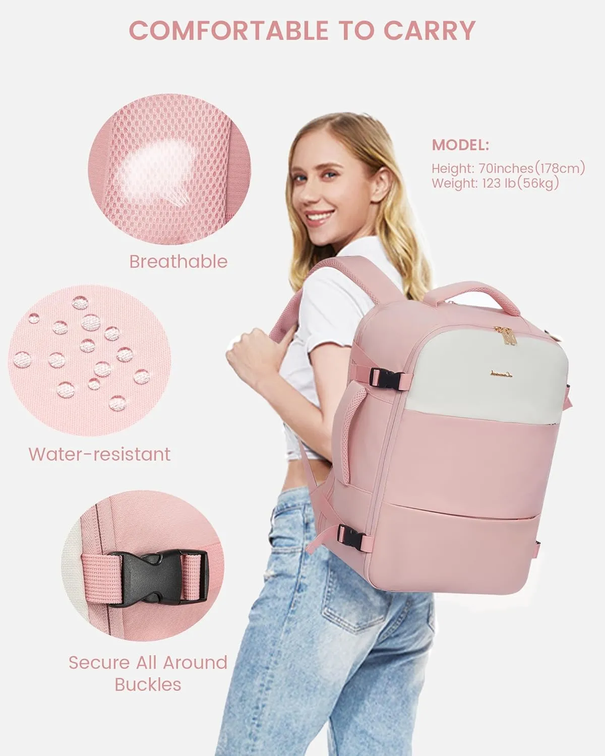 LOVEVOOK Travel Backpack for Women, Carry On Backpack Flight Approved with 3 Packing Cubes,TSA Personal Item Travel Bag Fits 15.6 Laptop,Weekender Hiking Business Luggage Daypack Pink Beige
